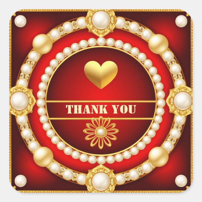 💛 Elegant Red Gold Wedding Thanks 👑 Square Sticker (Front)