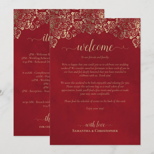 Elegant Red & Gold Wedding Welcome & Itinerary Programme (Front/Back)