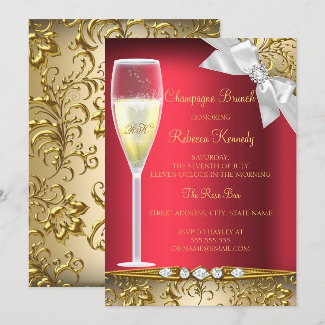 Elegant Red Gold White Champagne Brunch Invitation (Front/Back)