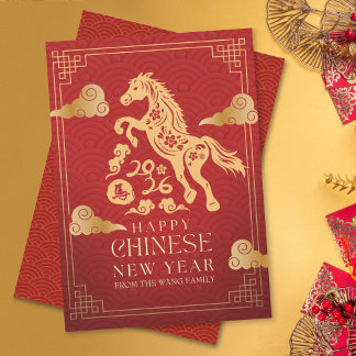 Elegant Red Gold Year Of Horse Chinese New Year  Holiday Card