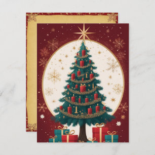 Elegant Red Golden Christmas Tree Greeting Card