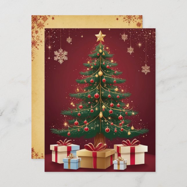 Elegant Red Golden Christmas Tree Greeting Card (Front/Back)
