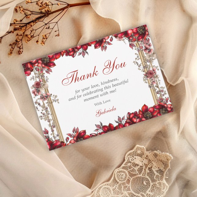 Elegant Red Golden Tiara Floral Quinceañera Thank You Card (Creator Uploaded)