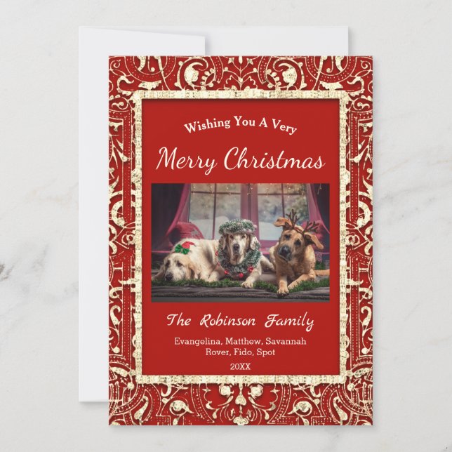 Elegant Red Golden Two Photos Christmas Flat Holiday Card (Front)