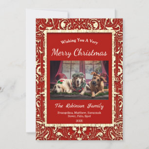 Elegant Red Golden Two Photos Christmas Flat Holiday Card