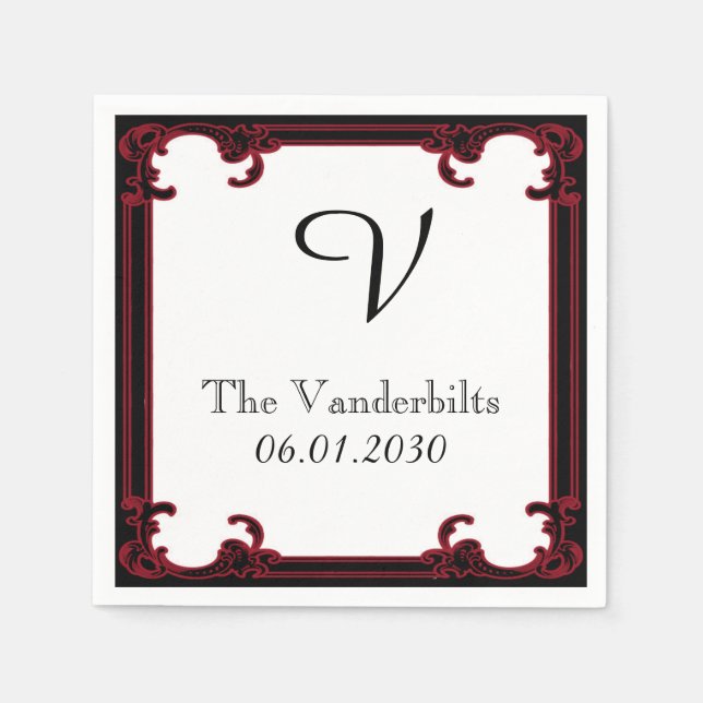 Elegant Red Gothic Frame Monogram Wedding Napkin (Front)