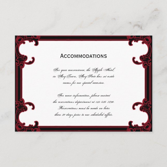Elegant Red Gothic Frame Wedding Accomodations Enclosure Card (Front)