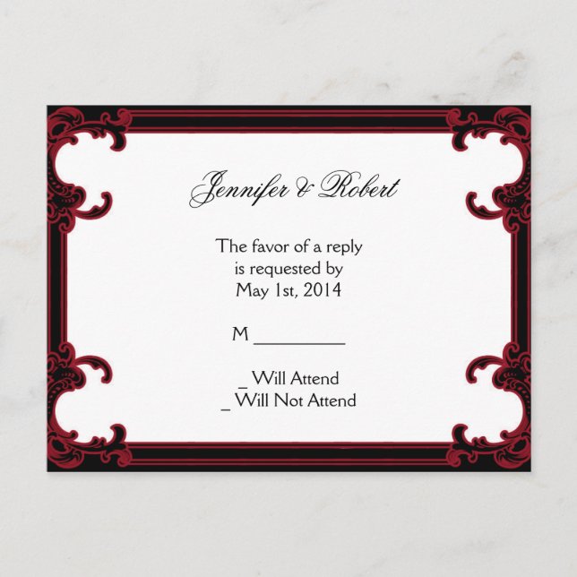 Elegant Red Gothic Frame Wedding RSVP Postcard (Front)