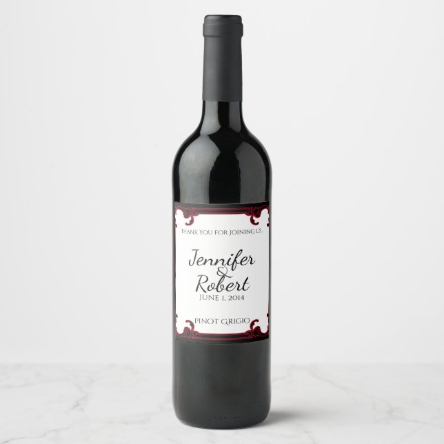 Elegant Red Gothic Frame Wedding Wine Label (Front)