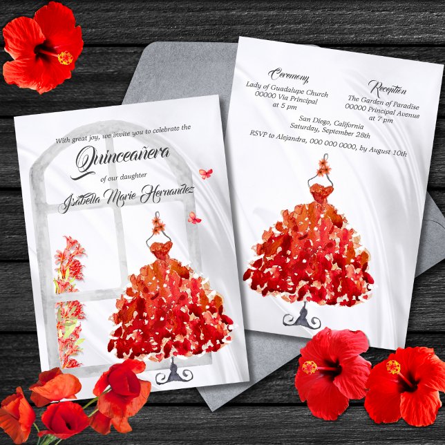Elegant Red Gown & Butterflies Quinceañera Invitation (Creator Uploaded)