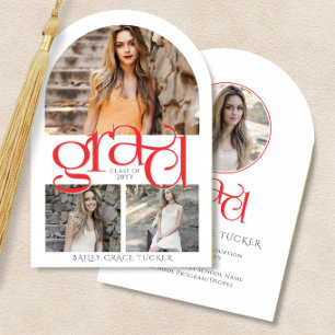 Elegant Red GRAD 4-Photo Collage Arch Graduation Invitation