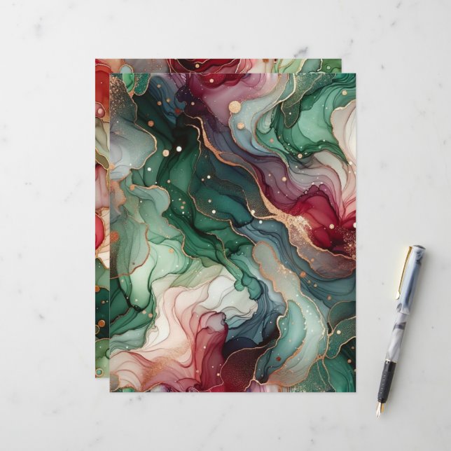 Elegant Red & Green Alcohol Ink Scrapbook Paper (Front/Back In Situ)