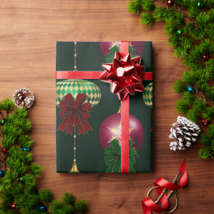 Elegant Red Green Bows Ornaments Holiday Wrapping Paper