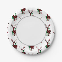 Elegant Red & Green Buffalo Plaid Reindeer Couple
