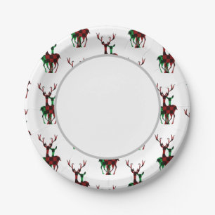 Elegant Red & Green Buffalo Plaid Reindeer Couple Paper Plate