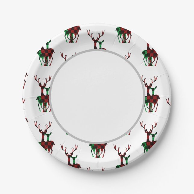 Elegant Red & Green Buffalo Plaid Reindeer Couple Paper Plate (Front)