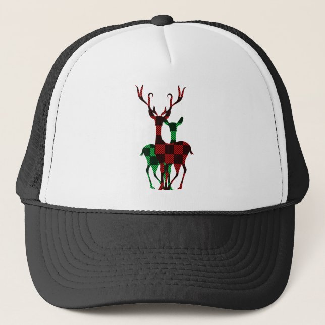 Elegant Red & Green Buffalo Plaid Reindeer Couple Trucker Hat (Front)