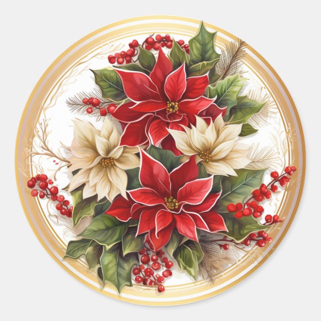 Elegant Red & Green Christmas Botanicals  Classic Round Sticker (Front)
