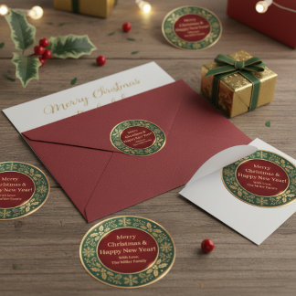 Elegant Red & Green Christmas Gold Holly Border Classic Round Sticker