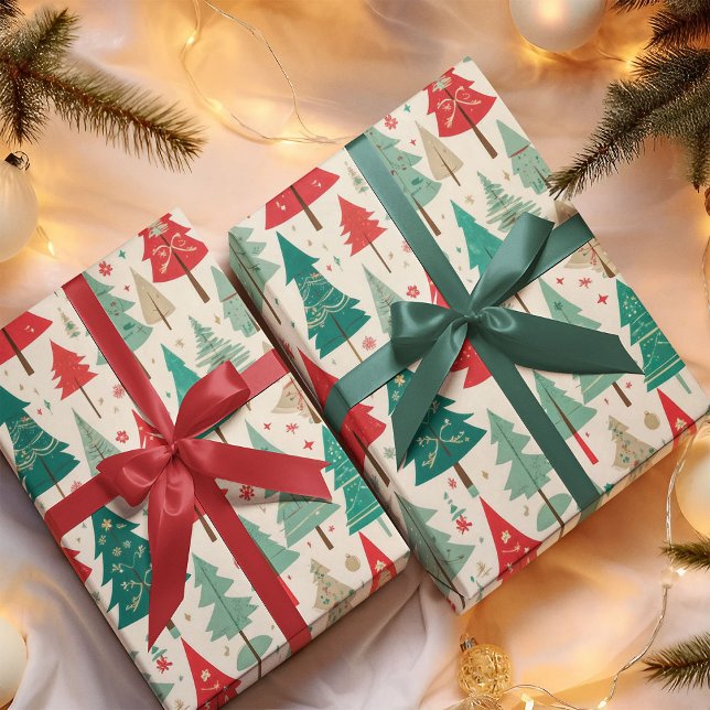 Elegant Red Green Christmas Tree Pattern Wrapping Paper (Creator Uploaded)
