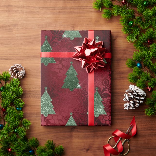 Elegant Red Green Christmas Trees Damask Wrapping Paper (Holiday Gift)