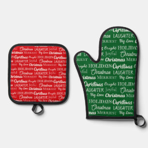 Elegant Red Green Custom Name Christmas Oven Mitt & Pot Holder Set