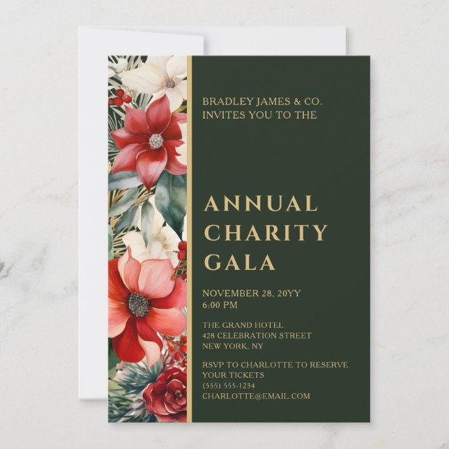 Elegant Red Green Floral Charity Event Gala Party Invitation (Front)