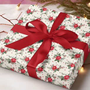 Elegant Red Green Floral Christmas Pattern Wrapping Paper