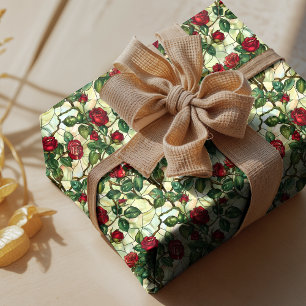 Elegant red green floral stained glass wrapping paper