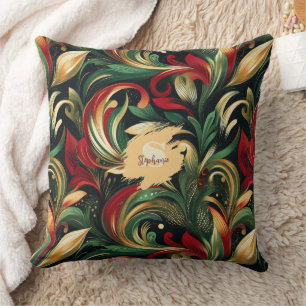 Elegant Red, Green & Gold Abstract Paisley Leaves Cushion