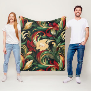 Elegant Red, Green & Gold Abstract Paisley Leaves Fleece Blanket