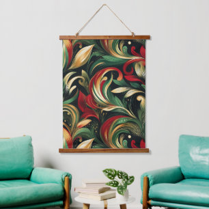 Elegant Red, Green & Gold Abstract Paisley Leaves Hanging Tapestry