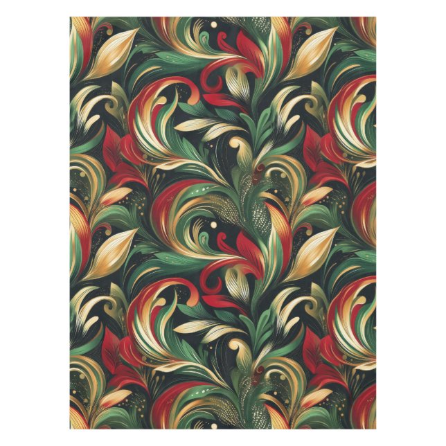 Elegant Red, Green & Gold Abstract Paisley Leaves Tablecloth (Front)