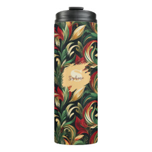 Elegant Red, Green & Gold Abstract Paisley Leaves Thermal Tumbler