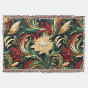 Elegant Red, Green & Gold Abstract Paisley Leaves Throw Blanket