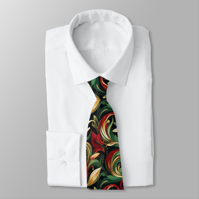 Elegant Red, Green & Gold Abstract Paisley Leaves Tie (Tied)