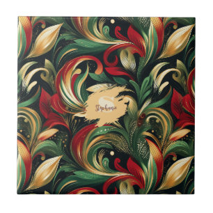 Elegant Red, Green & Gold Abstract Paisley Leaves Tile