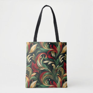 Elegant Red, Green & Gold Abstract Paisley Leaves Tote Bag