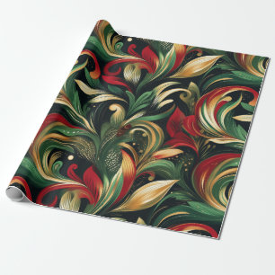 Elegant Red, Green & Gold Abstract Paisley Leaves Wrapping Paper