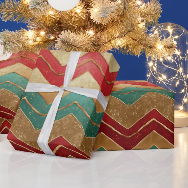 Elegant Red Green Gold Chevron Pattern Wrapping Paper (Holidays)