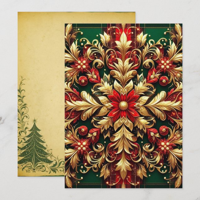 Elegant Red Green Gold Festive Plaid  Holiday Card (Front/Back)