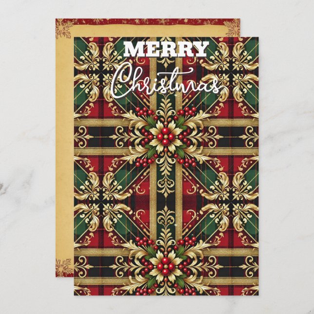 Elegant Red Green Gold Festive Plaid  Holiday Card (Front/Back)