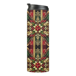 Elegant Red Green Gold Festive Plaid Thermal Tumbler