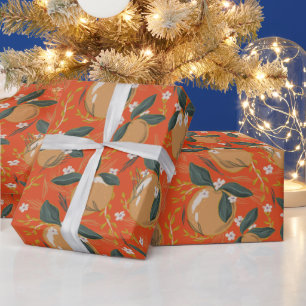 Elegant Red Green Gold Winter Fruit Holiday Wrapping Paper