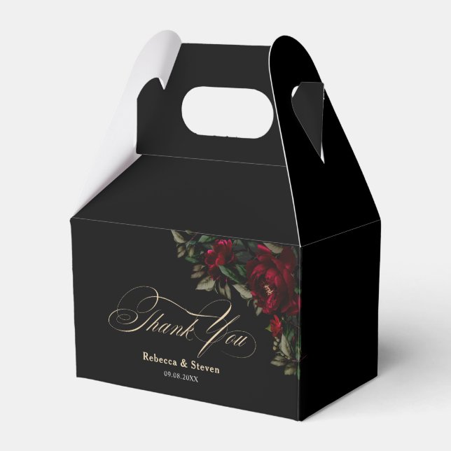 Elegant red green gothic floral moody dark wedding favour box (Front Side)