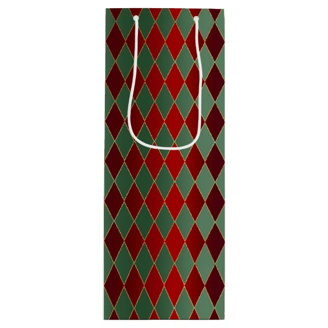 Elegant Red Green Harlequin Luxury Pattern Wine Gift Bag (Front)