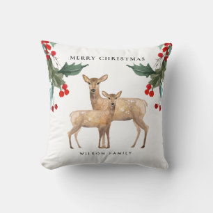 ELEGANT RED GREEN HOLLY BERRY DEER DUO CHRISTMAS CUSHION