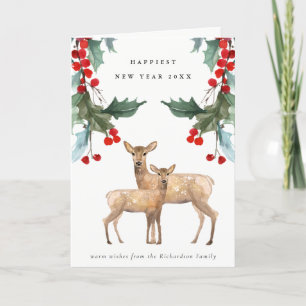 ELEGANT RED GREEN HOLLY BERRY DEER DUO NEW YEAR CARD