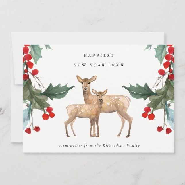 ELEGANT RED GREEN HOLLY BERRY DEER DUO NEW YEAR HOLIDAY CARD (Front)