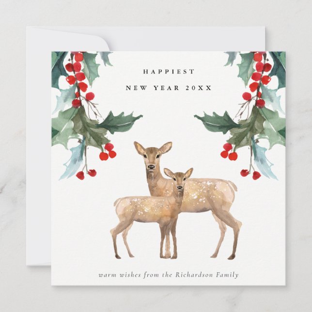 ELEGANT RED GREEN HOLLY BERRY DEER DUO NEW YEAR HOLIDAY CARD (Front)